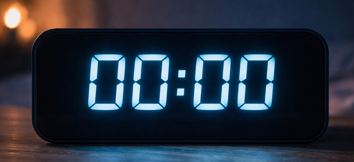 Digitale Uhr zeigt die Uhrzeit 00:00 als Symbol für Mitternacht und Neubeginn