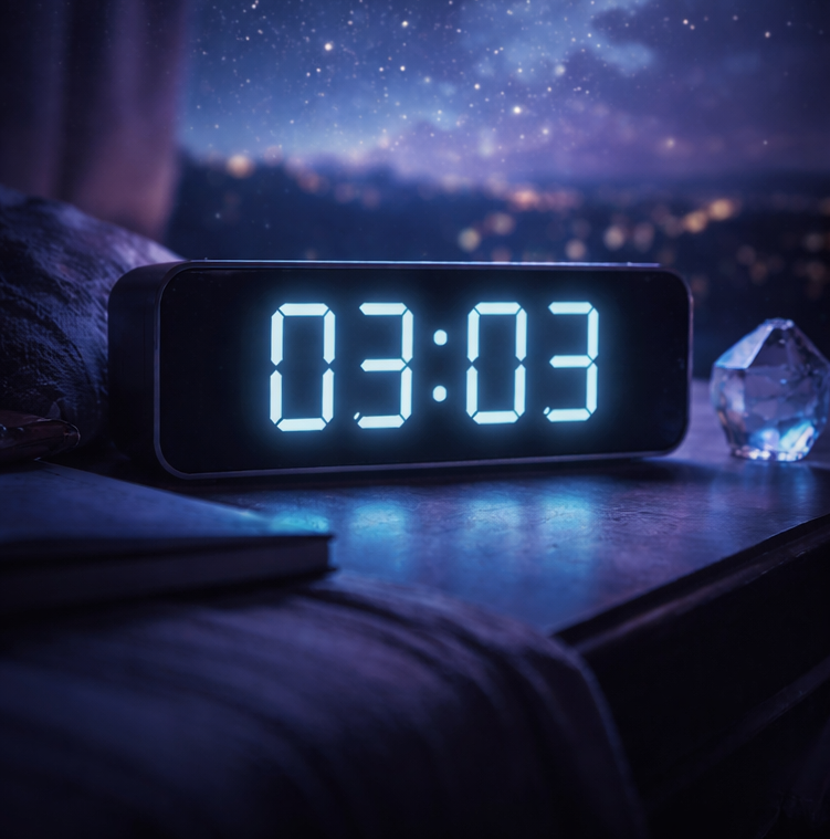 Digitale Uhr zeigt 03:03 Uhr in ruhiger Nachtatmosphäre – Symbol für innere Klarheit und bewusste Wahrnehmung