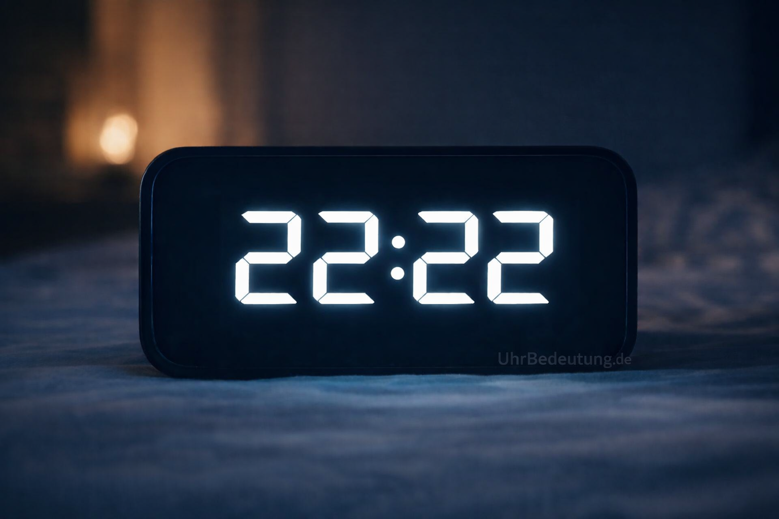 Digitale Uhr zeigt die Uhrzeit 22:22 – Bedeutung der Spiegelzahl 22:22