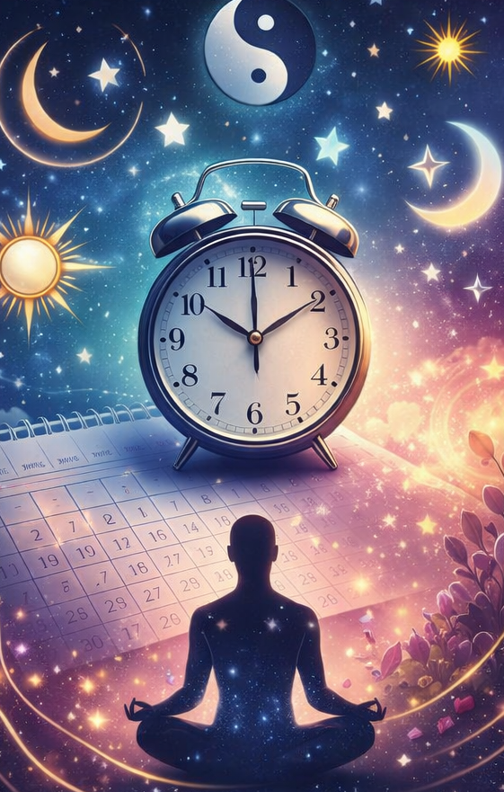Symbolische Darstellung der Uhrzeiten Bedeutung mit Uhr, Meditation und Zeitwahrnehmung