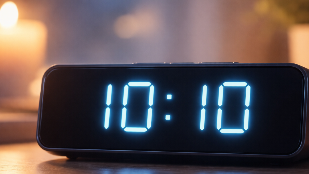 Digitale Uhr zeigt 10:10 Uhr als Spiegelzahl mit ruhiger Atmosphäre
