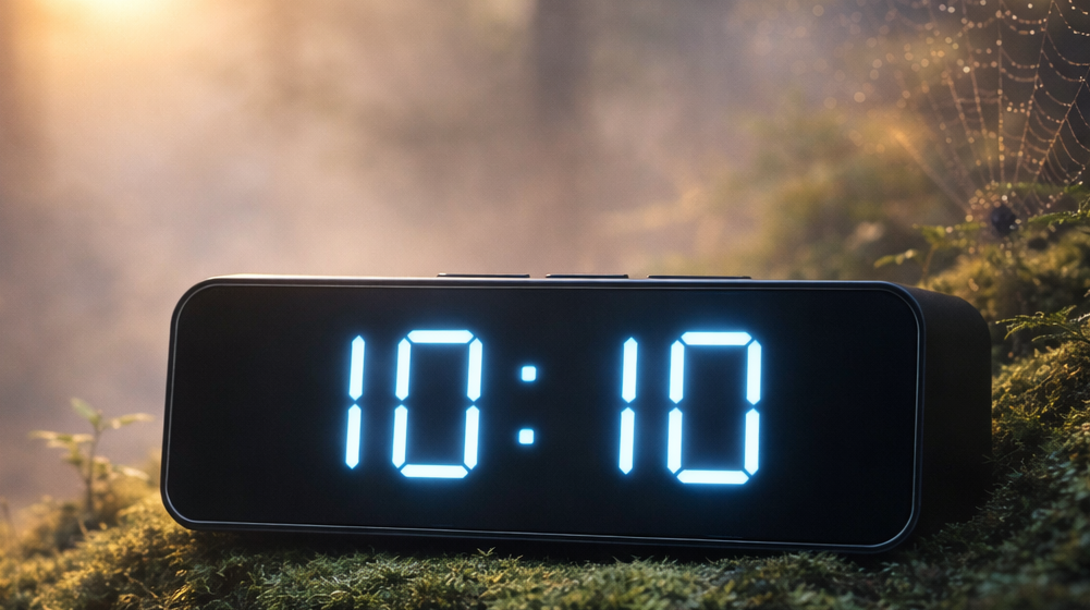 Digitale Uhr mit 10:10 Uhrzeit in ruhiger Umgebung als Zeichen für Ausgeglichenheit