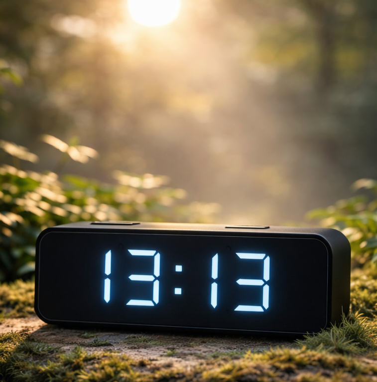 Digitale Uhr mit 13:13 Uhrzeit in natürlicher Umgebung als Zeichen für innere Entwicklung