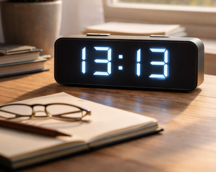 Digitale Uhr zeigt 13:13 Uhr auf einem Schreibtisch als Symbol für bewusste Veränderung