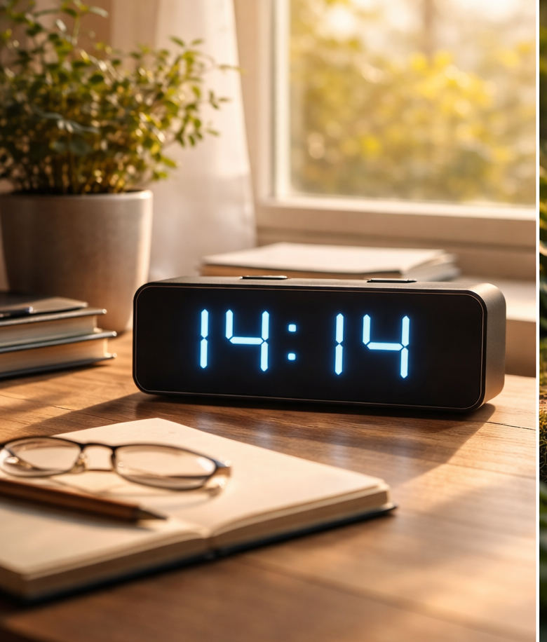 Digitale Uhr zeigt 14:14 Uhr auf einem Schreibtisch als Symbol für innere Ausrichtung