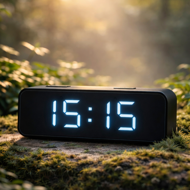 Digitale Uhr zeigt 15:15 Uhr in natürlicher Umgebung als Symbol für bewusste Veränderung