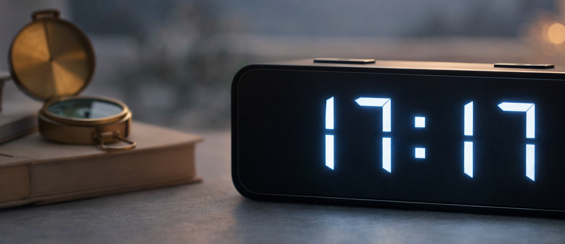 Digitale Uhr zeigt 17:17 Uhr in ruhiger Umgebung als Symbol für Klarheit und Richtung