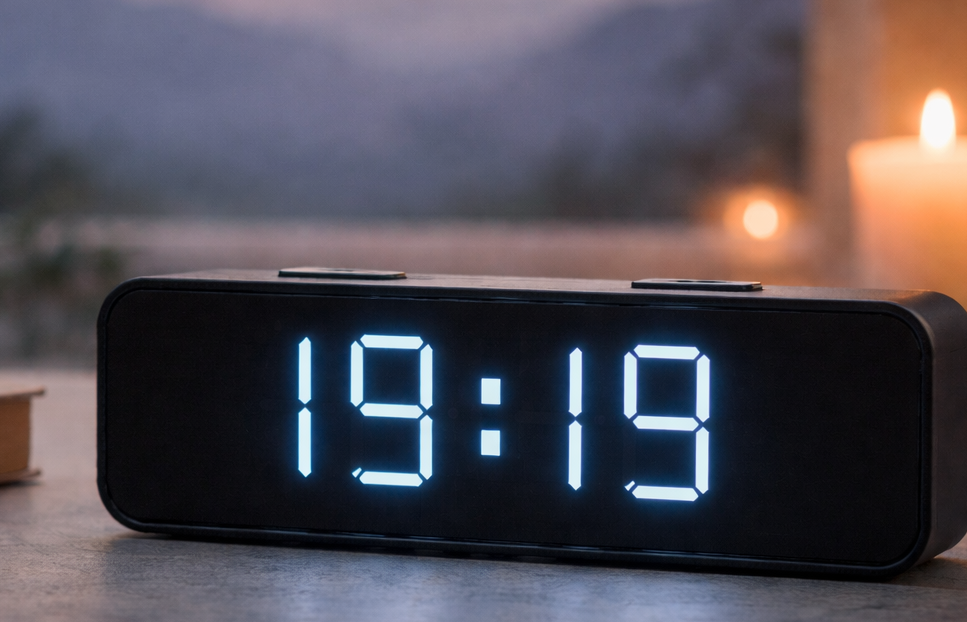 Digitale Uhr zeigt 19:19 Uhr in ruhiger Abendstimmung als Symbol für Abschluss und Neubeginn