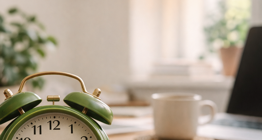 08:08 Uhr Bedeutung auf einem grünen analogen Wecker als Symbol für Stabilität, Selbstvertrauen und innere Balance