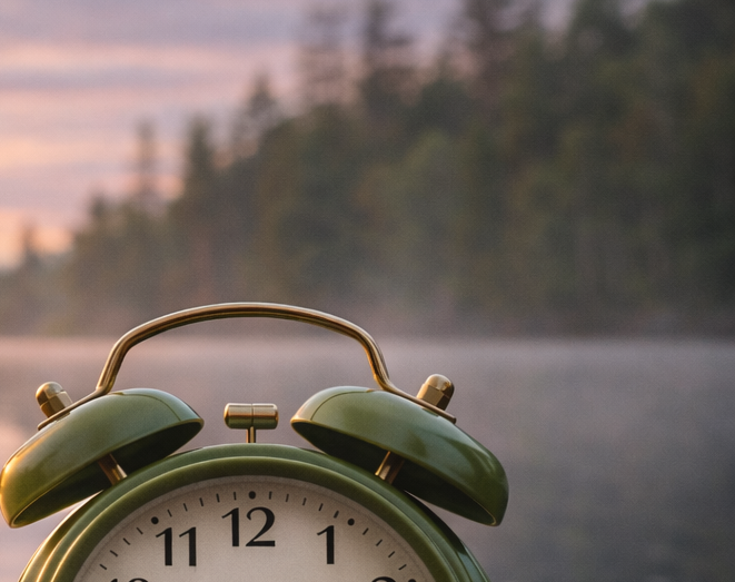 09:09 Uhr Bedeutung dargestellt durch einen analogen Wecker am See bei Sonnenaufgang als Symbol für Wachstum und persönliche Entwicklung