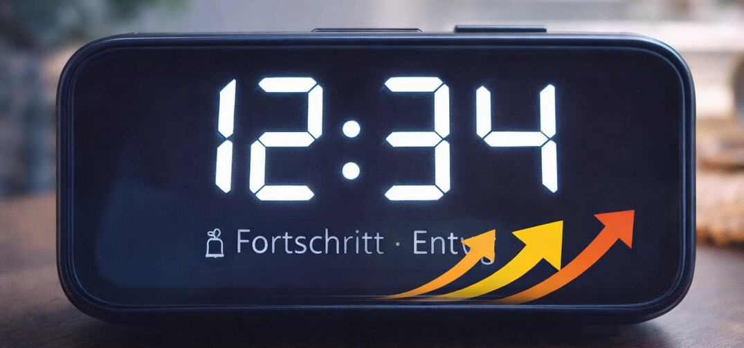 Digitale Uhr zeigt 12:34 als Symbol für Fortschritt, Wachstum und geordnete Entwicklung