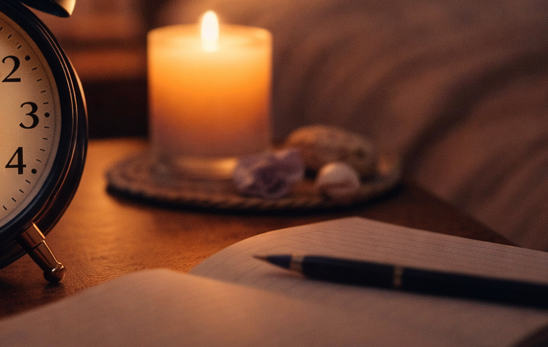 23:23 Uhr Bedeutung auf einem analogen Wecker neben einer Kerze als Symbol für innere Klarheit und bewusste Reflexion am Ende des Tages