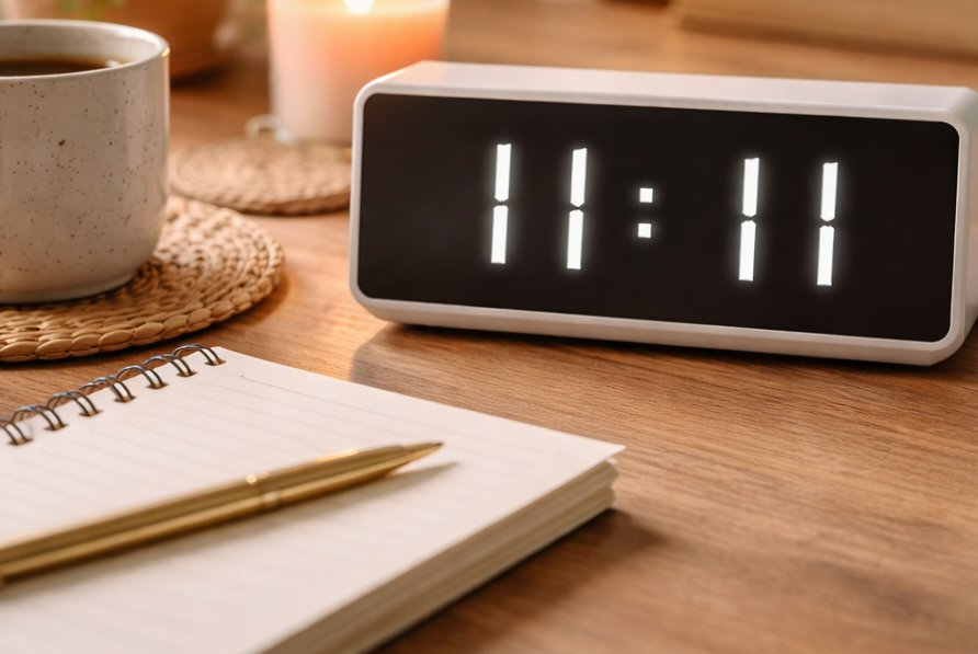Digitaler Wecker zeigt 11:11 auf einem ruhigen Schreibtisch als Symbol dafür, warum Menschen ständig Spiegelzahlen sehen und bewusst wahrnehmen