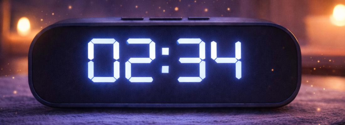 Digitale Uhr zeigt 02:34 Uhr nachts in einem ruhigen Schlafzimmer – Symbol für die spirituelle Bedeutung der Uhrzeit 02:34
