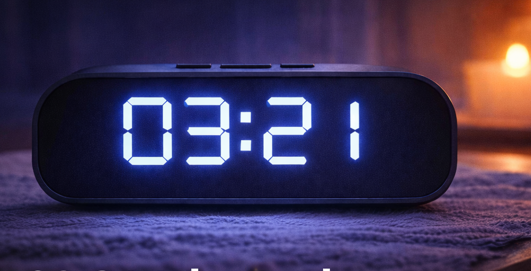 Digitale Uhr zeigt 03:21 Uhr in einem dunklen Raum mit Kerzenlicht – Symbol für die spirituelle Bedeutung der Uhrzeit 03:21