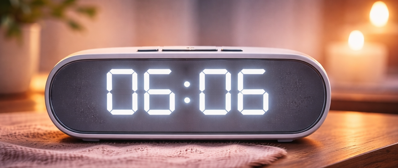 Moderne digitale Uhr zeigt 06:06 auf hellem LED-Display in ruhiger Morgenatmosphäre