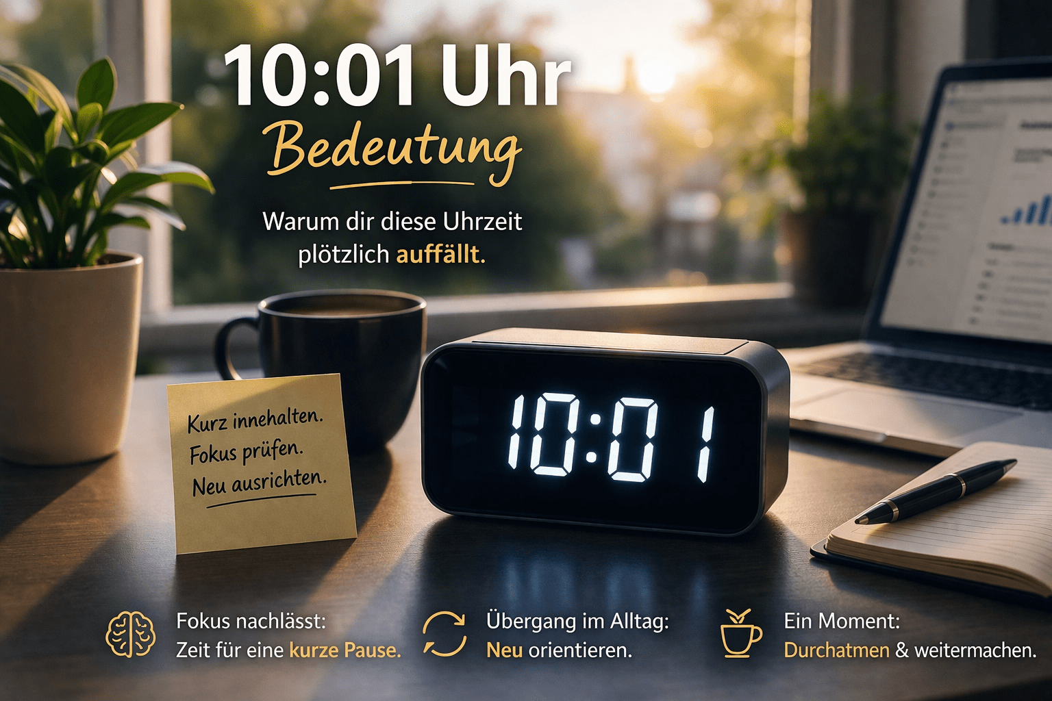 Laptop zeigt 10:01 Uhr auf einem Schreibtisch im Büro – Moment einer kurzen Unterbrechung während der Arbeit