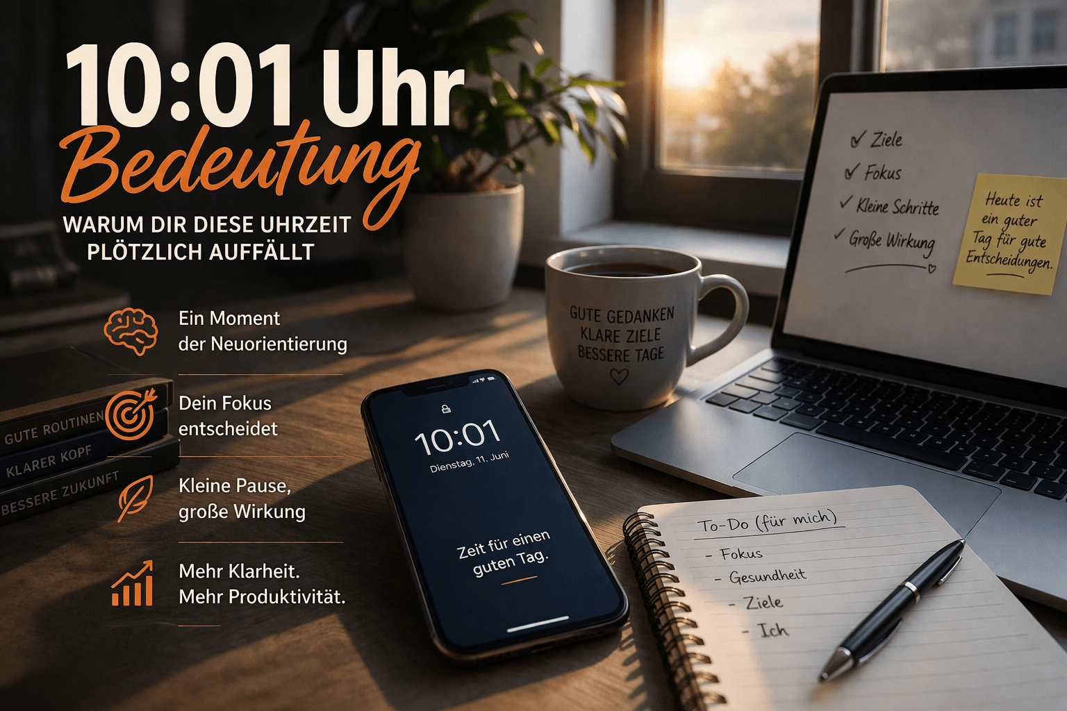 Analoge Uhr zeigt 10:01 auf einem aufgeräumten Schreibtisch – symbolisiert eine kurze mentale Pause im Arbeitsfluss