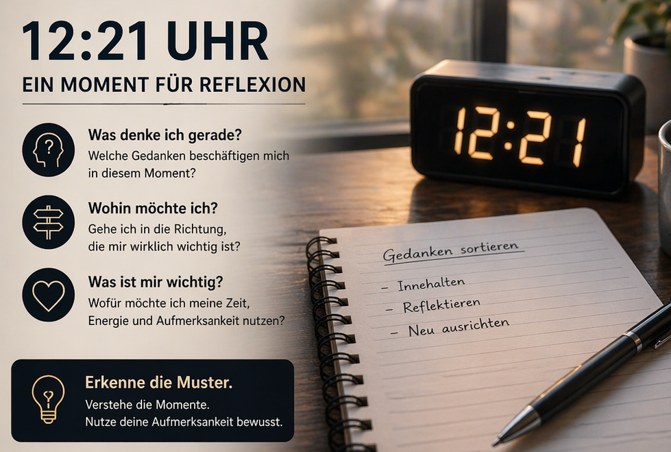 Umgekehrte Uhrzeiten wie 12:21 verstehen – Zusammenhang zwischen Gedanken, Fokuswechsel und wiederkehrenden Mustern