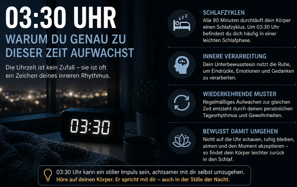 03:30 Uhr nachts aufwachen – Zusammenhang zwischen Schlafzyklen, Gedankenverarbeitung und wiederkehrenden Mustern im Körper