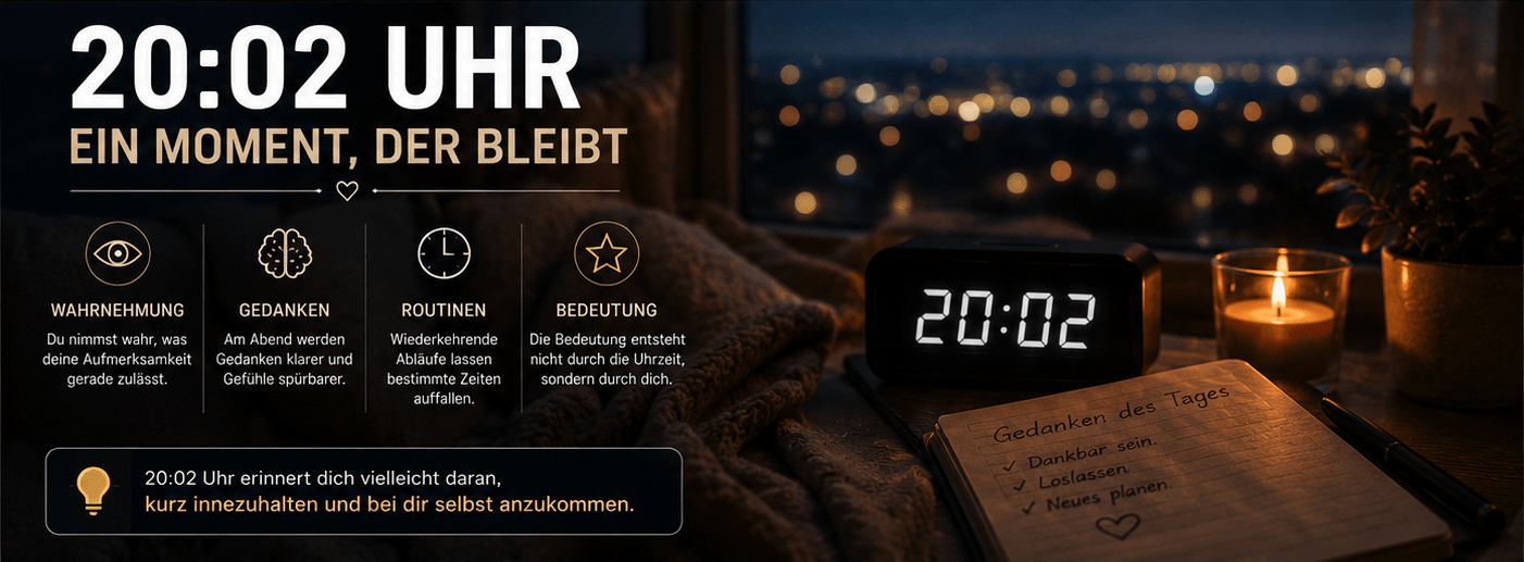 Wiederkehrende Uhrzeit 20:02 verstehen – Zusammenhang zwischen Abendroutinen, innerer Ruhe und bewusster Wahrnehmung im Alltag